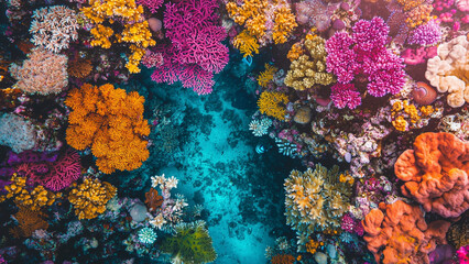 Drone shot, Areal view of coral reef in turquoise sea