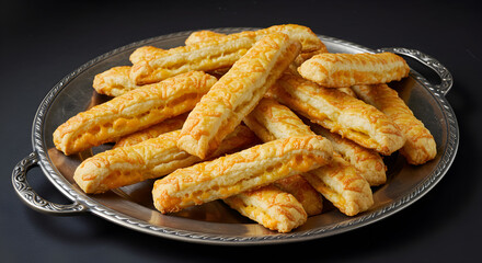 Pile of Delicious Cheese Straws Arranged on a Silver Platter Ready to Serve