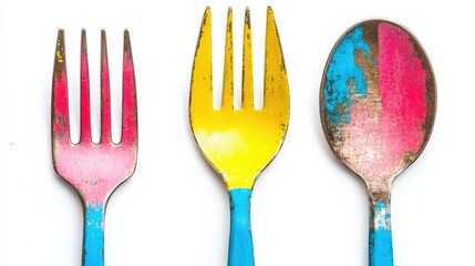 Vibrant and Colorful Cutlery Set Featuring Forks and Spoon with Distressed Finish Ideal for Modern Dining Decor and Unique Culinary Presentations