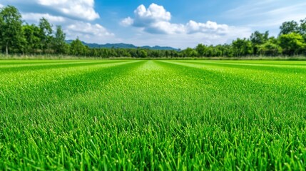 Fototapeta premium Lush Green Meadow Under Blue Sky: Serene Landscape