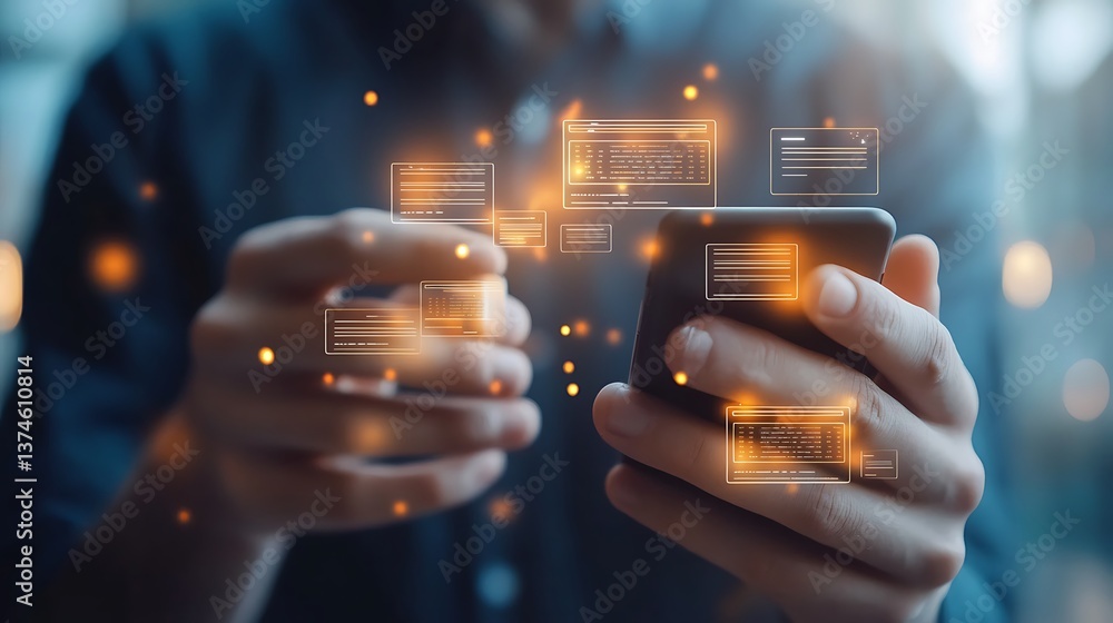 Wall mural man holding smartphone with glowing data interface and digital documents