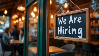 View of a "We Are Hiring" sign at the entrance of a restaurant. Concept of job vacancy announcement in a city cafe.