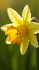 Dawn dew on narcissus transforms droplets into glowing prisms as morning light penetrates lingering mist.