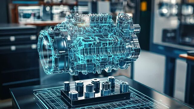 Complex engine part design hologram floating over blueprint being projected in augmented reality, showcasing innovative automotive engineering and futuristic manufacturing process