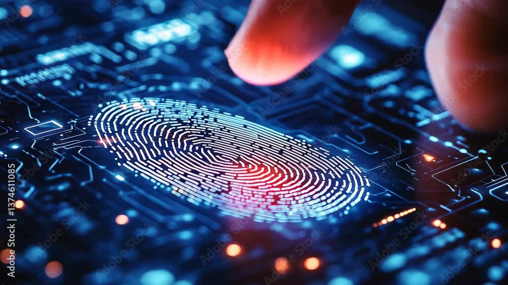 Poster biometric fingerprint scan: a finger gently touches a futuristic, glowing fingerprint scanner, illus