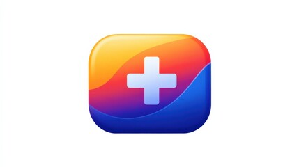 Obraz premium Vibrant Abstract Design with Curved Shapes and a Cross Icon, Featuring Warm Color Gradients for Technology and Health Themes in Visual Media