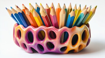Vibrant Collection of Colored Pencils in Unique Abstract Holder Showing Variety of Colors Perfect for Artistic Inspiration and Creative Projects