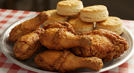 Fototapeta premium Golden Fried Chicken Drumsticks and Fluffy Biscuits Presented on Silver Platter