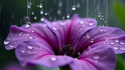 Obraz premium High-speed capture of raindrops hitting petunias shows liquid crown formations and aerodynamic deformation.