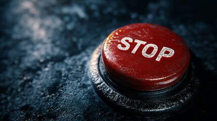 Red STOP Button on Dark Industrial Surface – Close-Up Warning Symbol