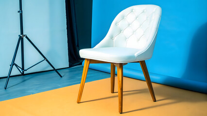 modern and elegant white chair with tufted design, set against vibrant blue background, exuding stylish and minimalistic vibe