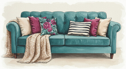 A teal velvet sofa, invitingly adorned with plush pillows and a cozy throw, exudes warmth and comfort in a soft watercolor style.