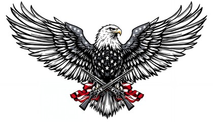 Eagle Spreading Wings with Crossed Guns and Banner Illustration