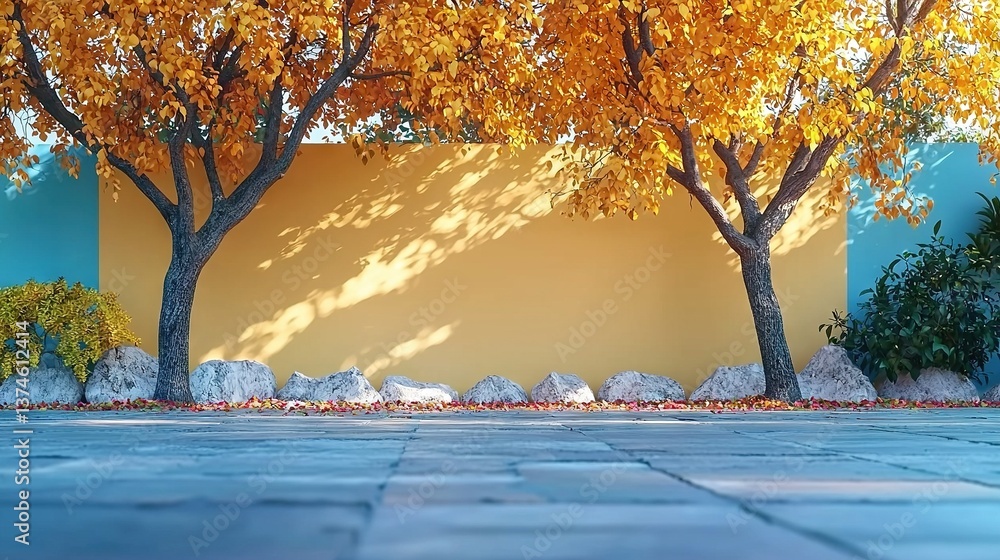 Poster a row of trees in front of a yellow wall with rocks and leaves on the ground in front of them