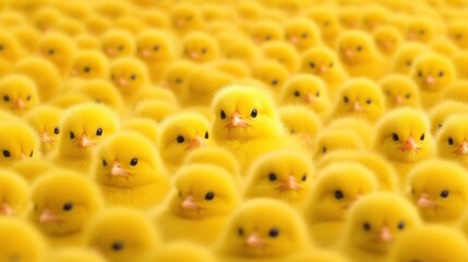 A sea of fluffy yellow chicks, a captivating sight of countless baby birds, delightful and charming.