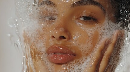 A woman washes her hands with cleansing foam, captured in a close-up shot on a white background, emphasizing the importance of skincare and personal hygiene.
