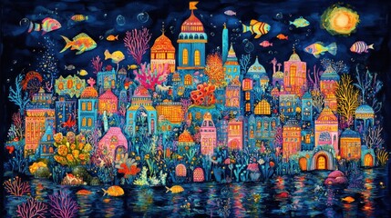 Vibrant Fantasy Town with Colorful Buildings, Underwater Life and Lush Marine Flora, Surrounded by Deep Blue Water, Surreal and Dreamlike Atmosphere Perfect for Artistic Inspiration