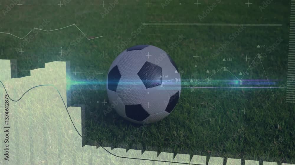 Poster soccer ball on grass with animation overlay for data processing visualization