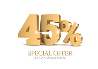45 percent number. Ten number in gold 3d. Poster template for discount forty percent, sale discount, work progress. Vector illustration
