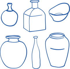 Vector set of hand-drawn vases, wine bottles and dish