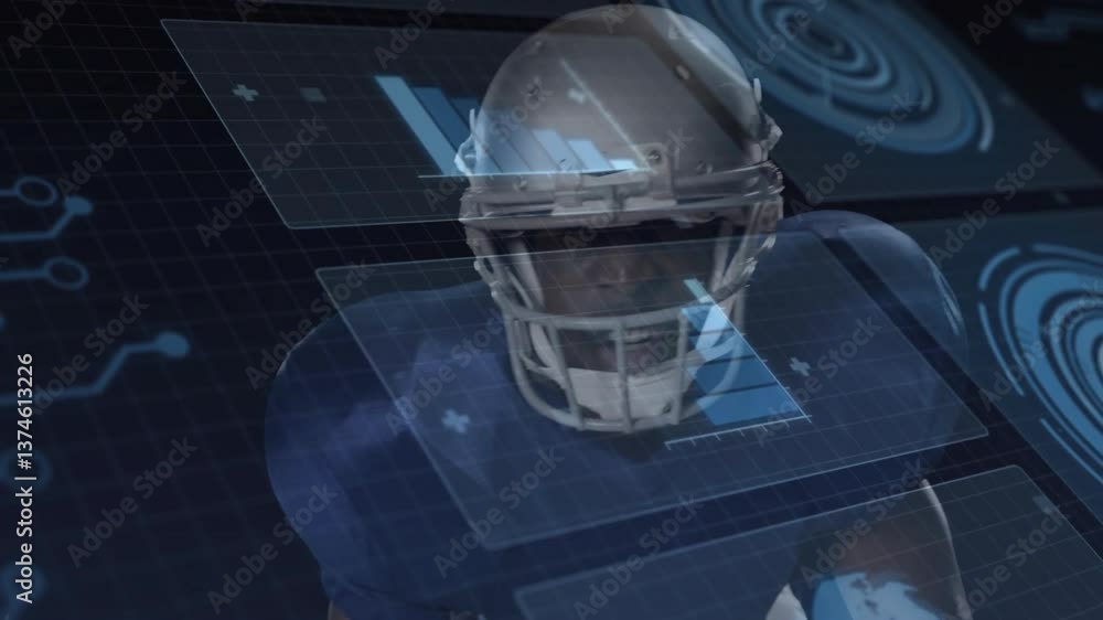 Poster football player with animation of digital data graphics overlaying field scene