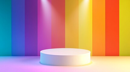 Empty white podium on rainbow flag background with spotlight for product display during pride month