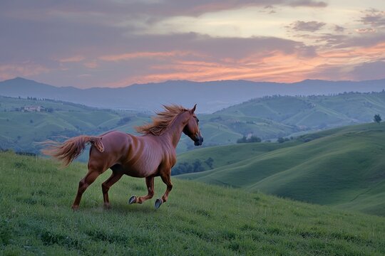 A beautiful chestnut horse running across rolling green hills, the sky glowing at dusk - Powered by Adobe
