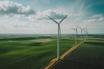 Beautiful view of the wind turbines on a grass-covered field