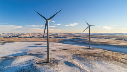 Two wind turbines silhouetted against the sky at sunset
