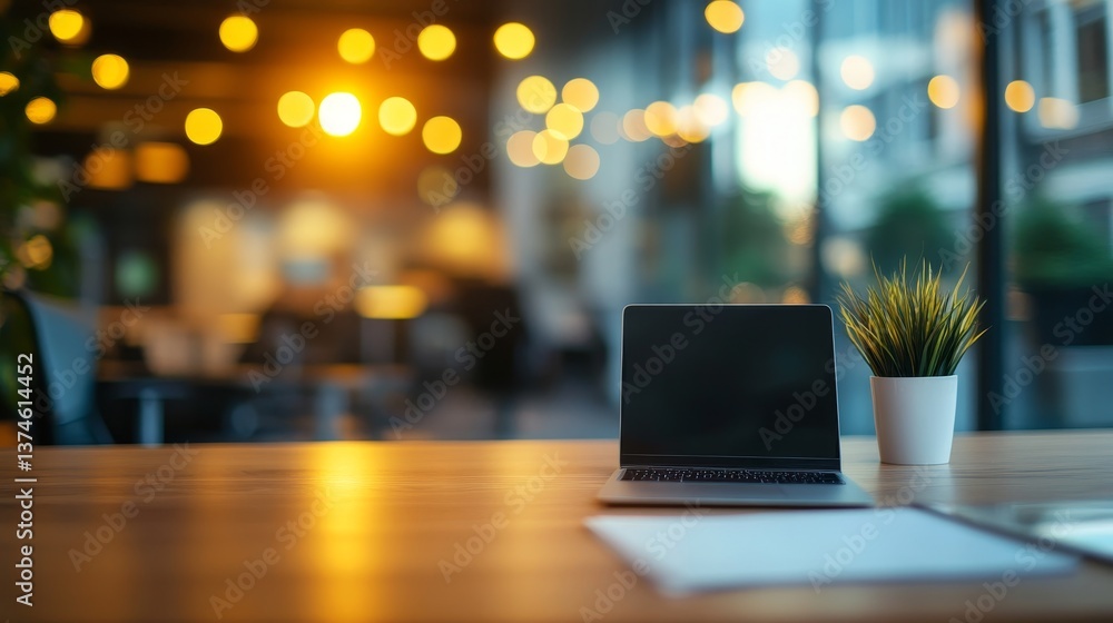 Poster empty business office with blurred bokeh background for a calm and professional ambiance