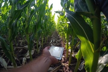 Close-up of a man using a tablet in a field