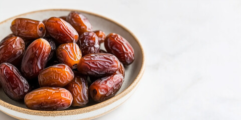 Fototapeta premium Bowl filled with dates against a white background with ample copy space.