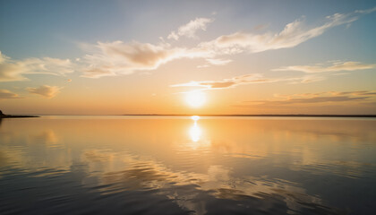 Obraz premium Serene sunset reflecting over calm water with vibrant clouds 