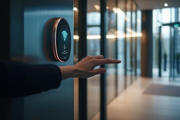 Fingerprint scan access control system machine on wall near entrance