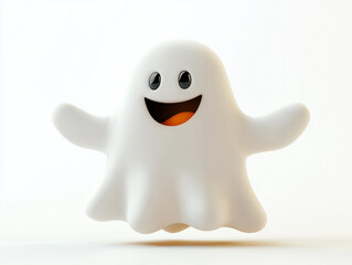 Obraz premium Happy white cartoon ghost isolated on white background, 3D render