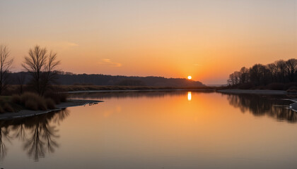 Serene sunset reflections over calm river landscape  