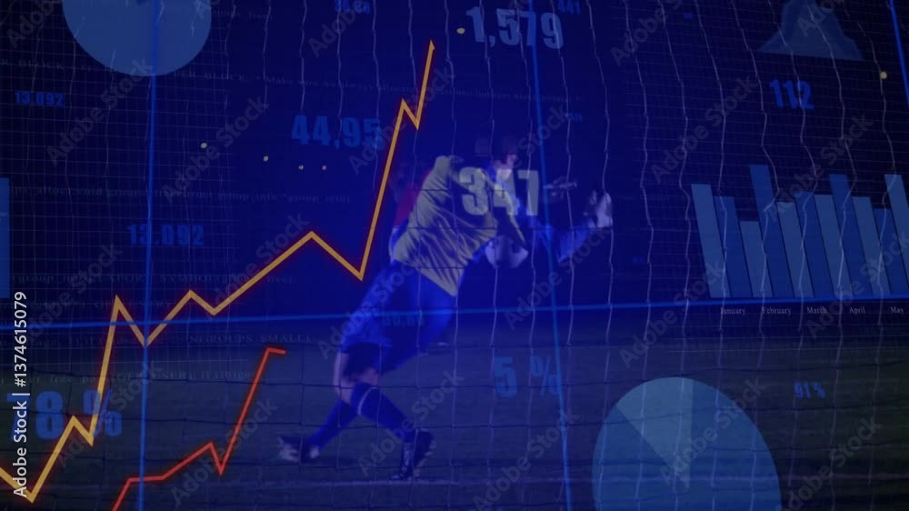 Poster soccer player kicking ball with financial graph and data overlay animation
