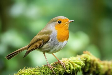 European robin perched on a mossy tree branch