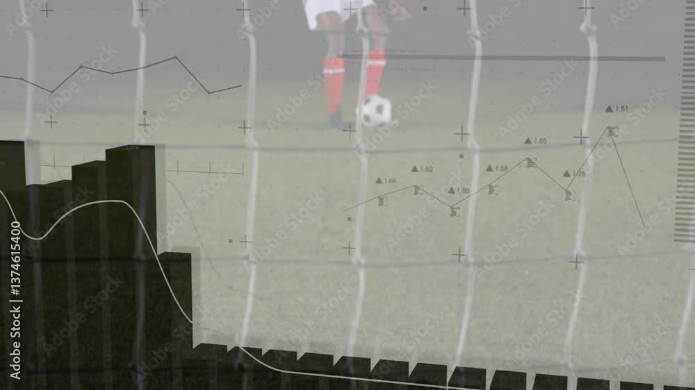 Poster soccer player kicking ball with data analysis animation overlay on field