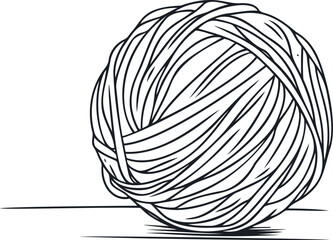 Monochrome illustration of a ball of yarn with loose thread on white background. Vector illustration
