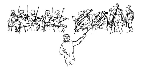 Conductor leading a symphony orchestra, dynamic silhouettes of people in an orchestra   Classical Orchestra   Conductor   String Orchestra   Violin, Viola, Cello, Celli, Bass   Music   Instruments © Lora Bach