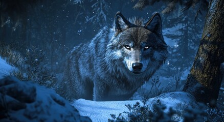 Free photo of a gray wolf howling at the moon in a snowy forest