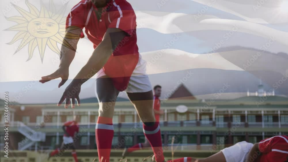 Poster rugby players tackling with uruguay flag animation overlaying action scene