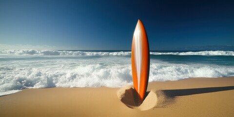 Free photo of a surfboard in the sand with ocean waves behind
