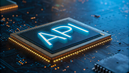 The glowing heart of digital connection, API pulses with potential, illuminating the future of technology on a circuit board with vibrant blue light.