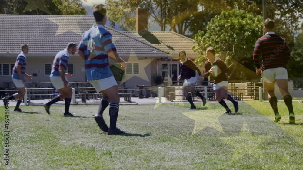Poster on field, rugby players in action with animation of star pattern overlay
