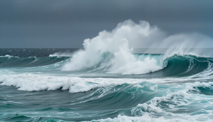 Naklejka premium Ocean waves crashing dramatically under a stormy sky 