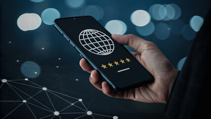 A hand confidently holds a smartphone showcasing global five-star ratings against a dark, bokeh-filled background.