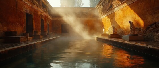 Obraz premium Serene ancient Roman bath, sunlit water, stone statues, warm golden light, misty atmosphere. Evokes tranquility and history.