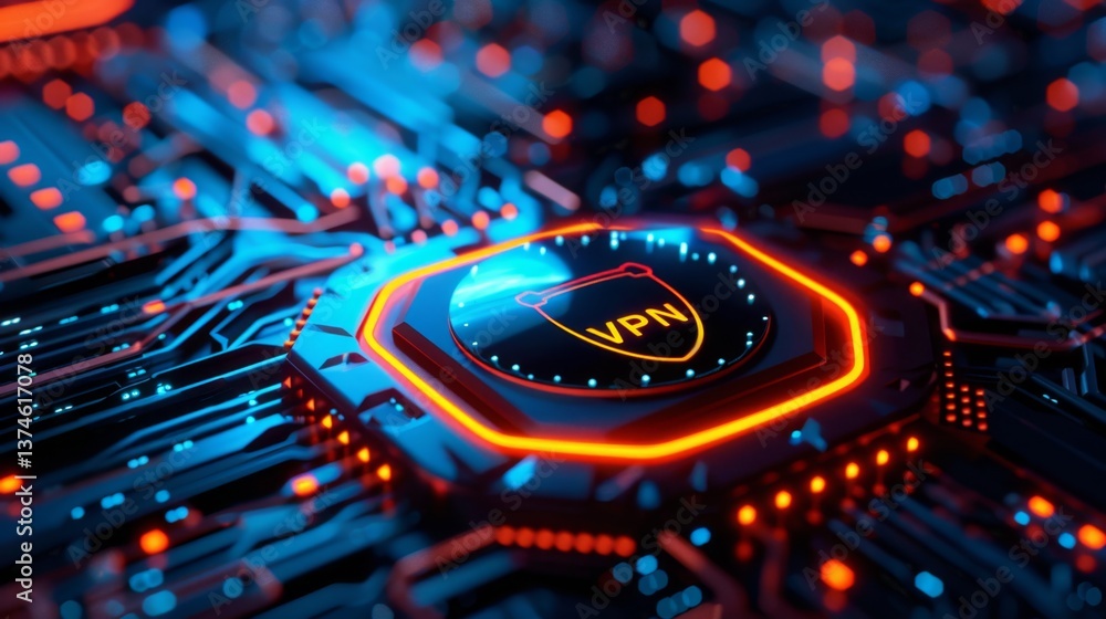 Poster visual representation of online security with a vpn shield on a digital circuit board